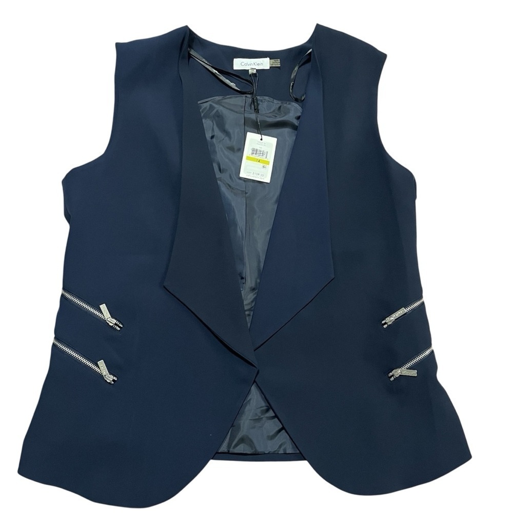 NWT Calvin Klein Women Navy Open Vest Zipper Details Size 14 Workwear Office